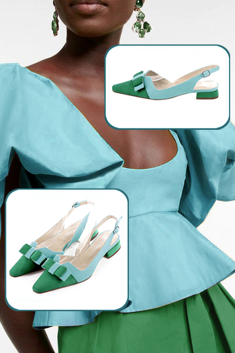 Women's emerald green and aquamarine blue elegant slingback heels, with a bow on the front. Tapered toe. Flat block heels - Top view